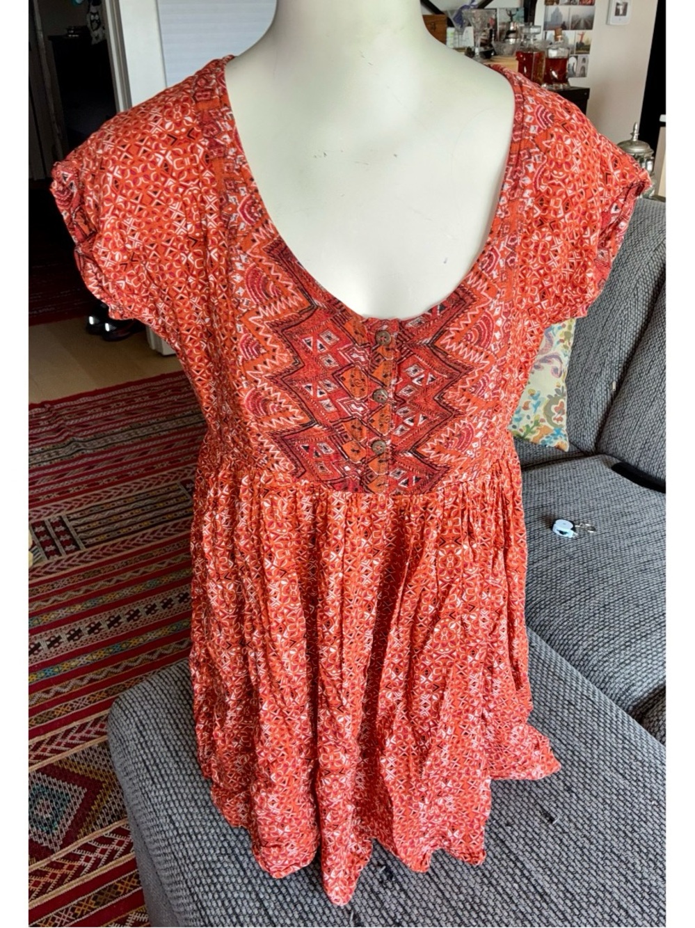 Free People Orange/Red Boho Mini Dress, Sz XS